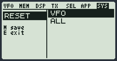 La voce RESET: VFO oppure ALL.